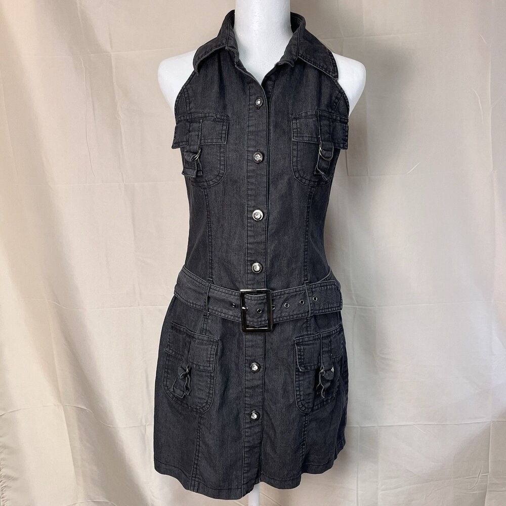 HERA Small Dark Gray Denim Halter Mini Dress Belted Button Down Pockets Y2K